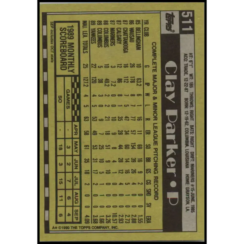 1990 Topps #511 Clay Parker NM-MT New York Yankees Baseball Card - Baseball Card Single