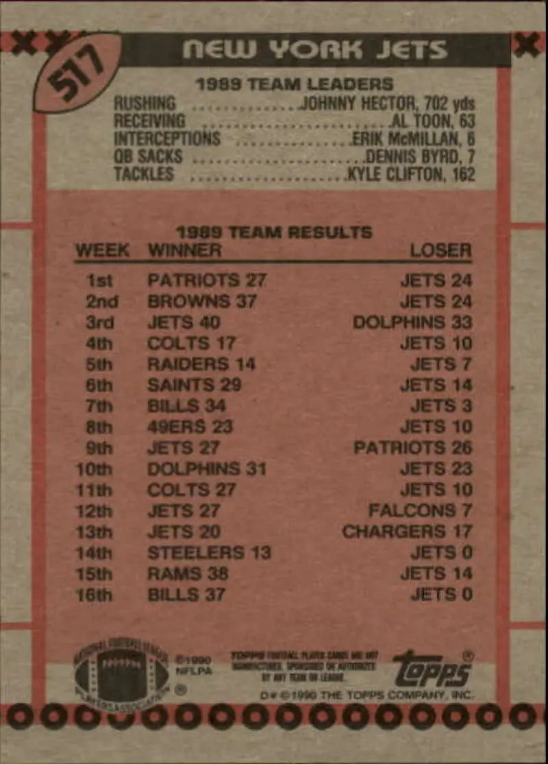 1990 Topps #517 James Hasty EX Excellent New York Jets Football Card - Football Card Single