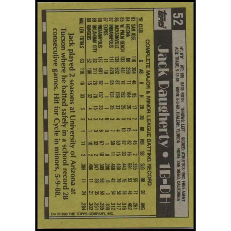 1990 Topps #52 Jack Daugherty NM-MT RC Rookie Texas Rangers Baseball Card - Baseball Card Single