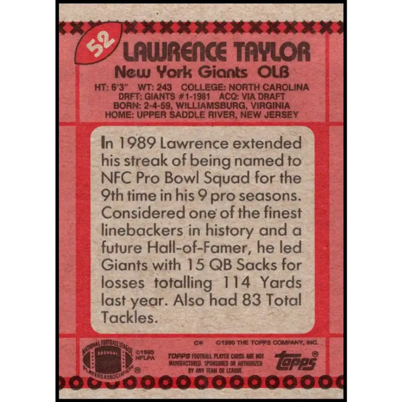 1990 Topps #52 Lawrence Taylor EX Excellent New York Giants Football Card - Football Card Single