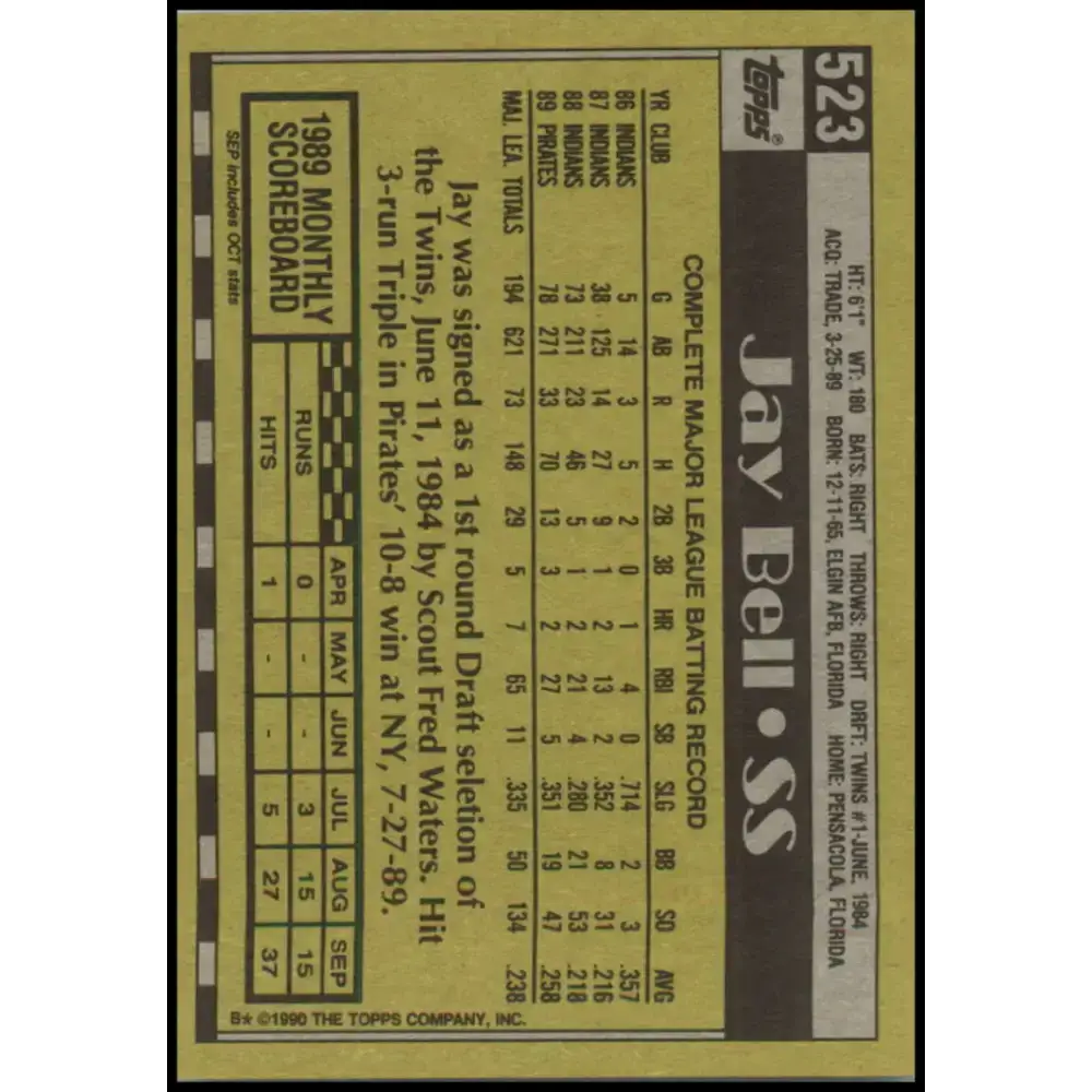 1990 Topps #523 Jay Bell NM-MT Pittsburgh Pirates Baseball Card - Baseball Card Single