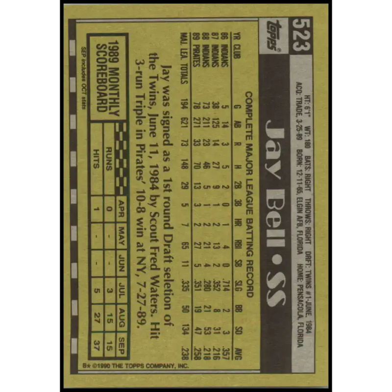 1990 Topps #523 Jay Bell NM-MT Pittsburgh Pirates Baseball Card - Baseball Card Single