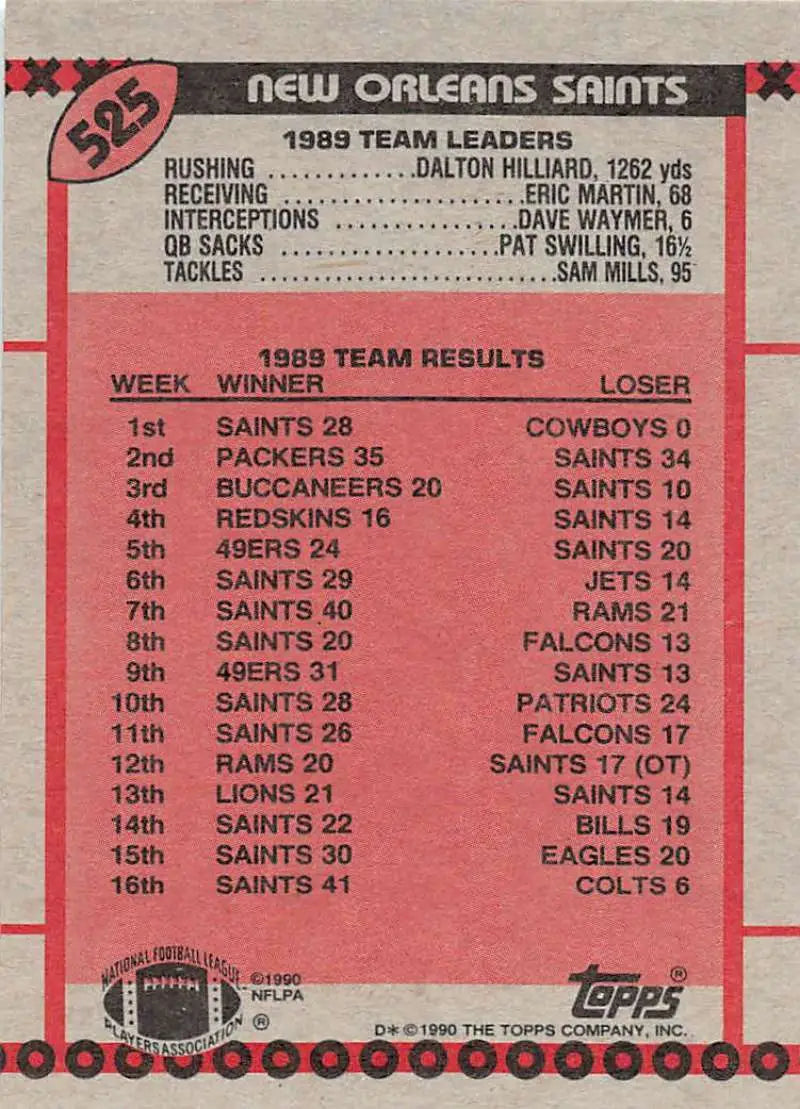 1990 Topps #525 Sam Mills EX Excellent New Orleans Saints Football Card - Football Card Single