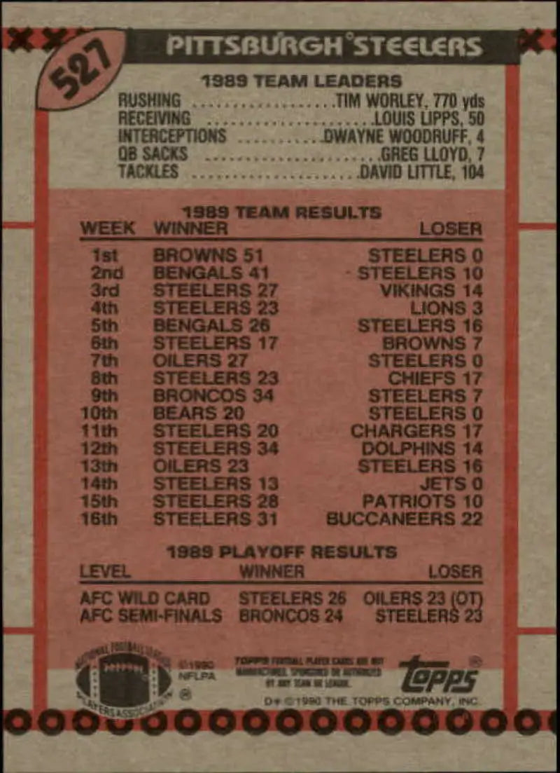 1990 Topps #527 Bubby Brister EX Excellent Pittsburgh Steelers Football Card - Football Card Single