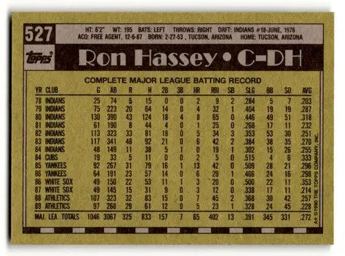 1990 Topps #527 Ron Hassey Oakland Athletics Baseball Cards EX/NM ID:53576 - Baseball Card Single