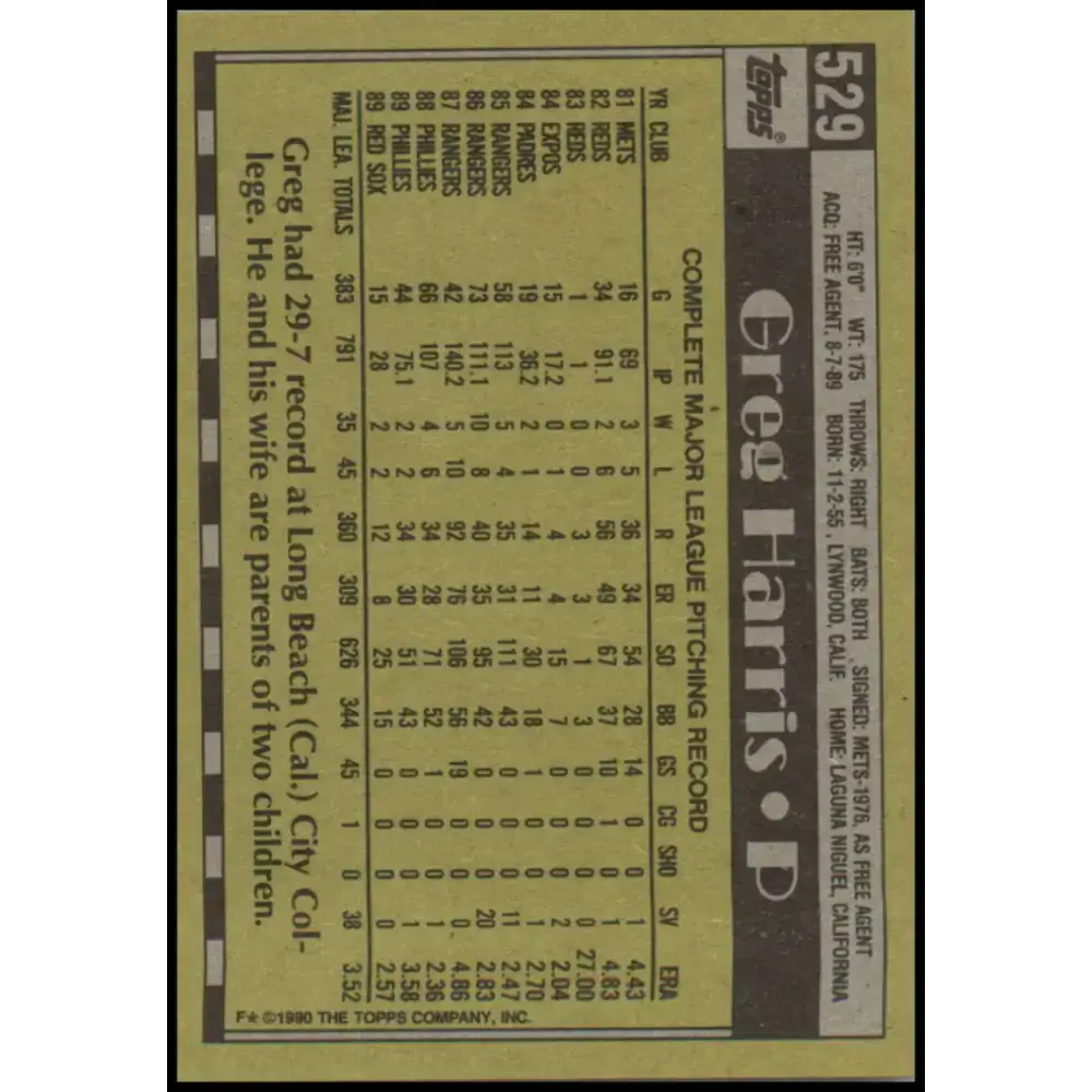 1990 Topps #529 Greg Harris NM-MT Boston Red Sox Baseball Card - Baseball Card Single