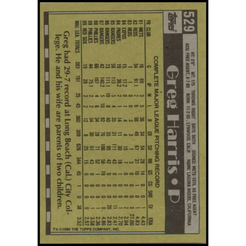 1990 Topps #529 Greg Harris NM-MT Boston Red Sox Baseball Card - Baseball Card Single