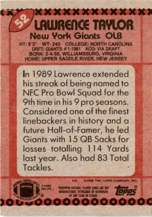 1990 Topps #52b Lawrence Taylor - Football Card Single