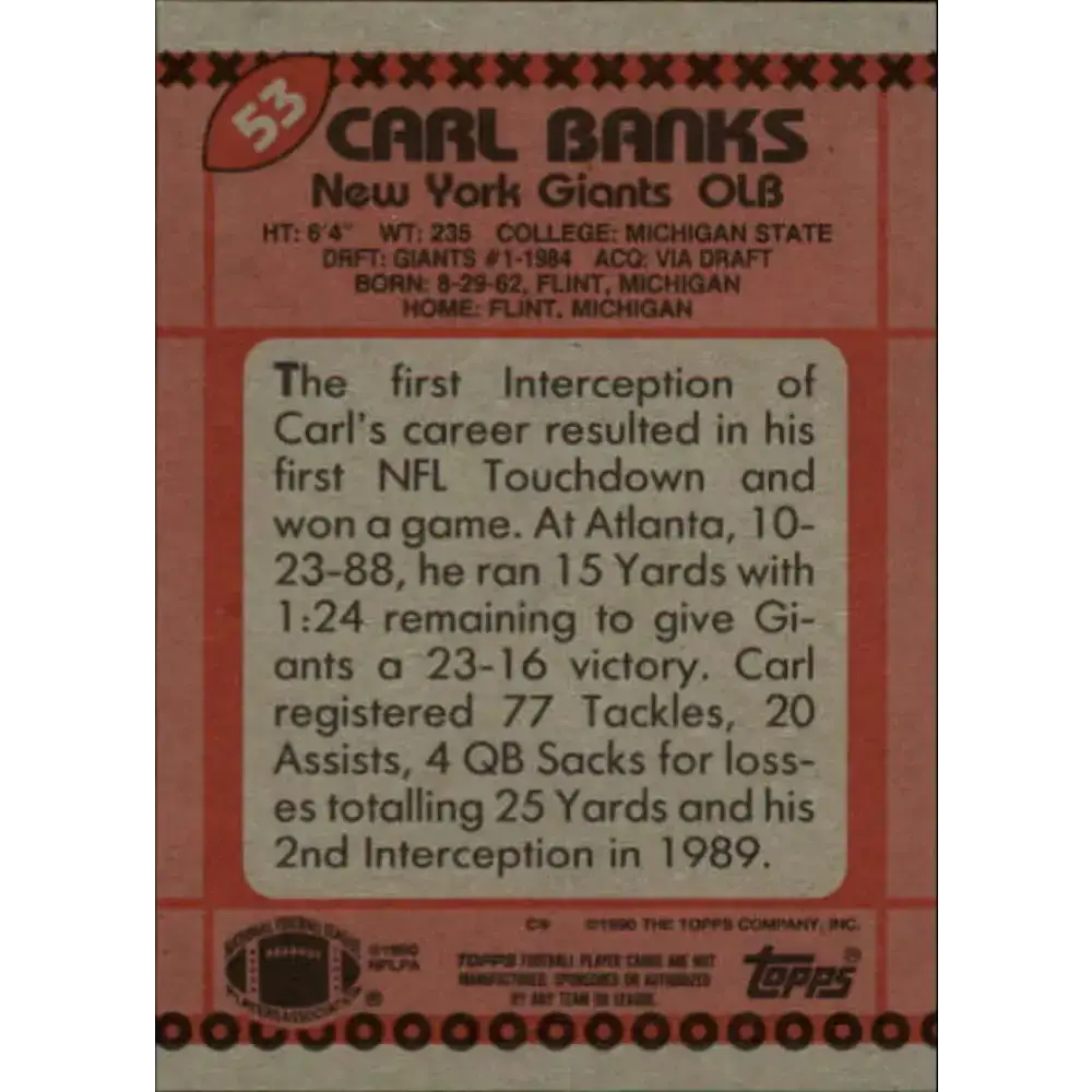 1990 Topps #53 Carl Banks EX Excellent New York Giants Football Card - Football Card Single