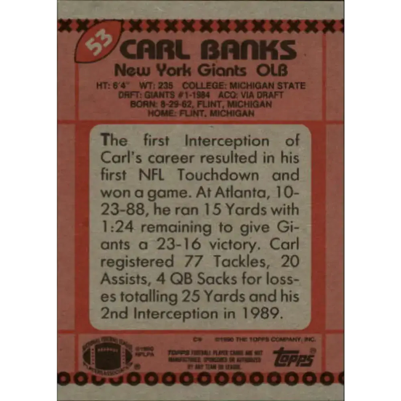 1990 Topps #53 Carl Banks EX Excellent New York Giants Football Card - Football Card Single