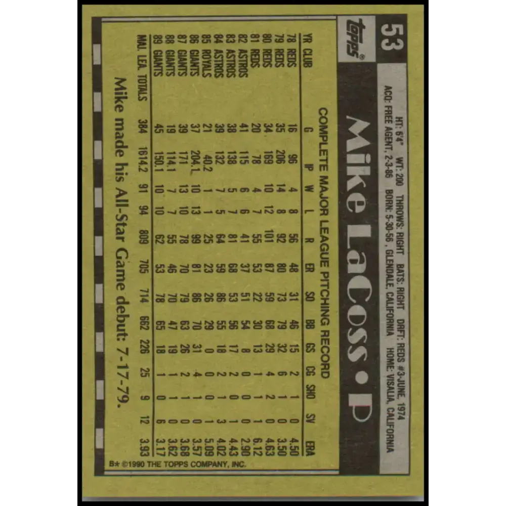 1990 Topps #53 Mike LaCoss NM-MT San Francisco Giants Baseball Card - Baseball Card Single