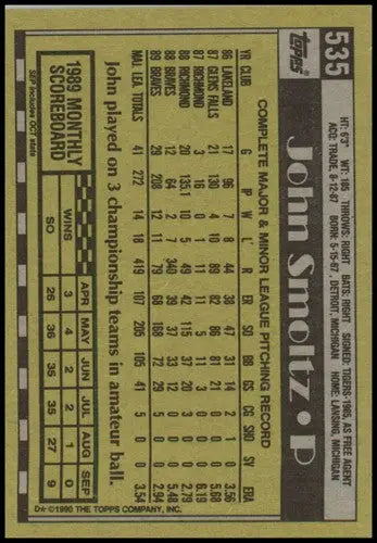 1990 Topps #535 John Smoltz NM Near Mint Braves - Baseball Card Single