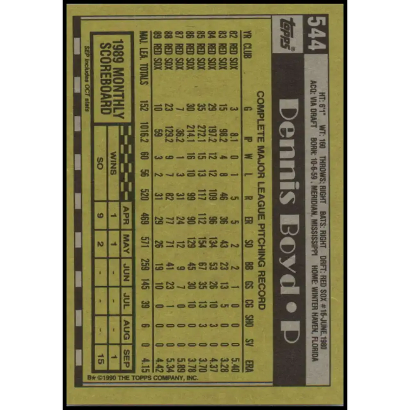 1990 Topps #544 Dennis Boyd NM-MT Boston Red Sox Baseball Card - Baseball Card Single