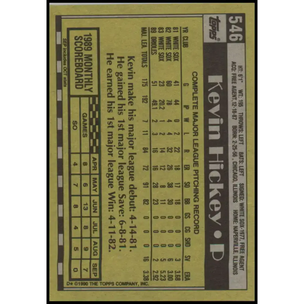 1990 Topps #546 Kevin Hickey NM-MT Baltimore Orioles Baseball Card - Baseball Card Single