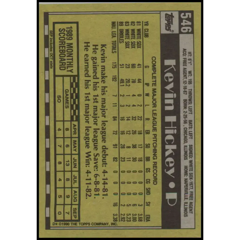 1990 Topps #546 Kevin Hickey NM-MT Baltimore Orioles Baseball Card - Baseball Card Single