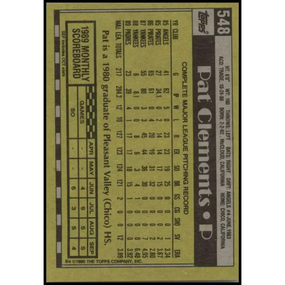 1990 Topps #548 Pat Clements NM-MT San Diego Padres Baseball Card - Baseball Card Single