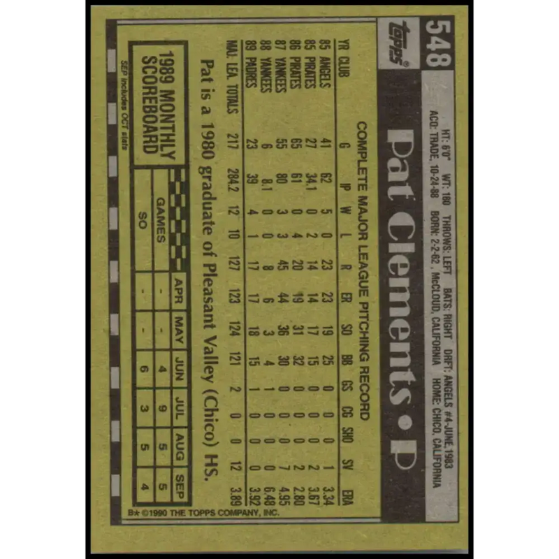 1990 Topps #548 Pat Clements NM-MT San Diego Padres Baseball Card - Baseball Card Single