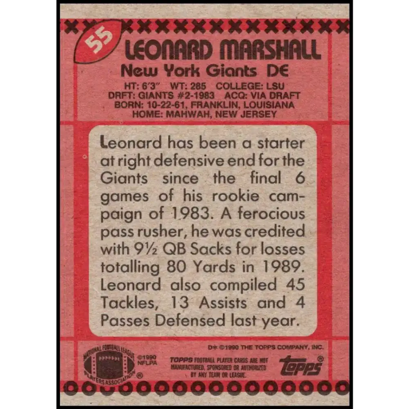 1990 Topps #55 Leonard Marshall EX Excellent New York Giants Football Card - Football Card Single