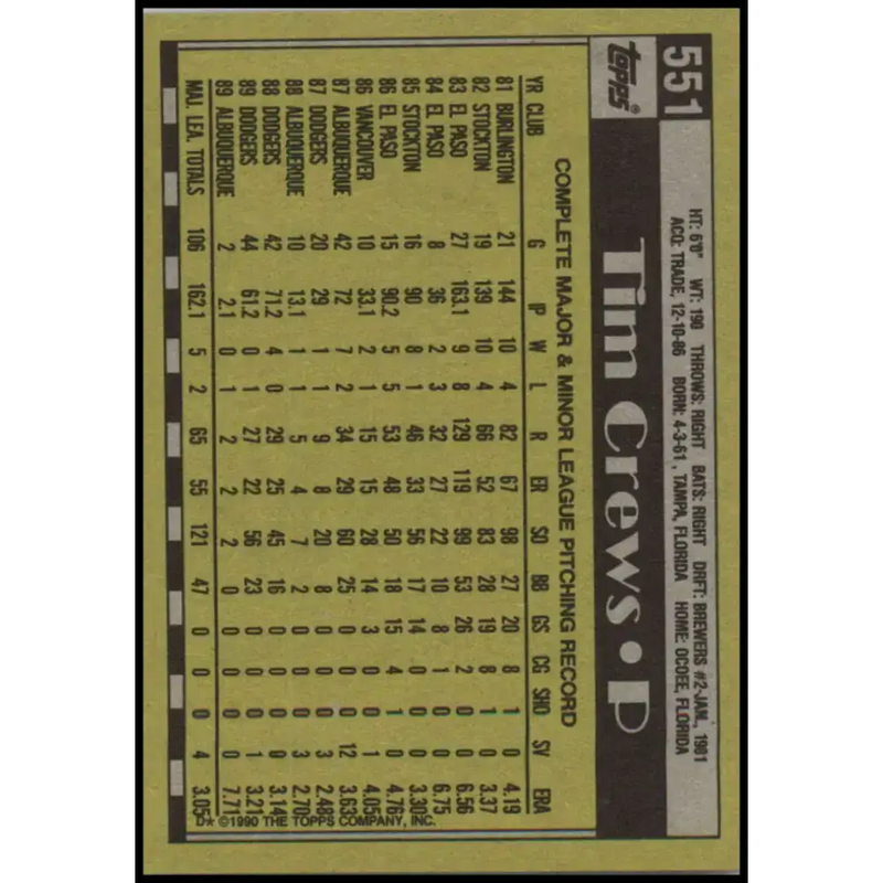 1990 Topps #551 Tim Crews NM-MT Los Angeles Dodgers Baseball Card - Baseball Card Single