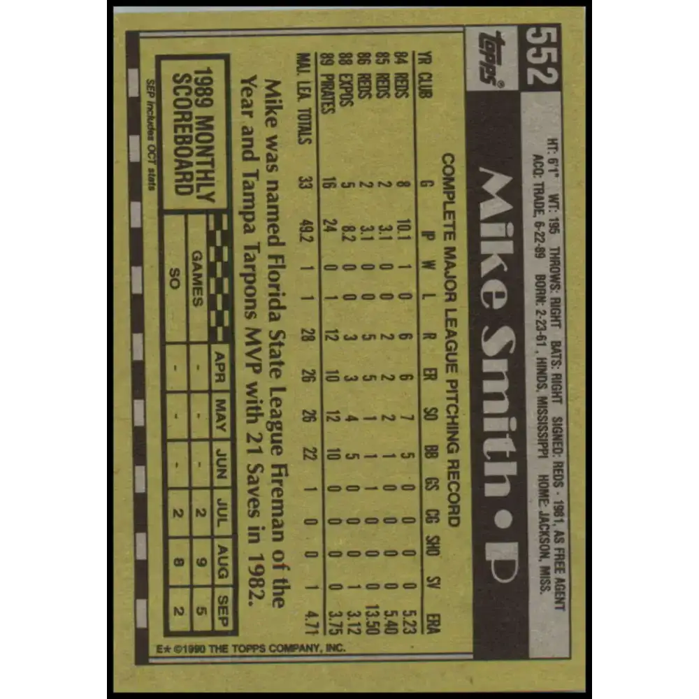 1990 Topps #552 Mike Smith NM-MT RC Rookie Pittsburgh Pirates Baseball Card - Baseball Card Single