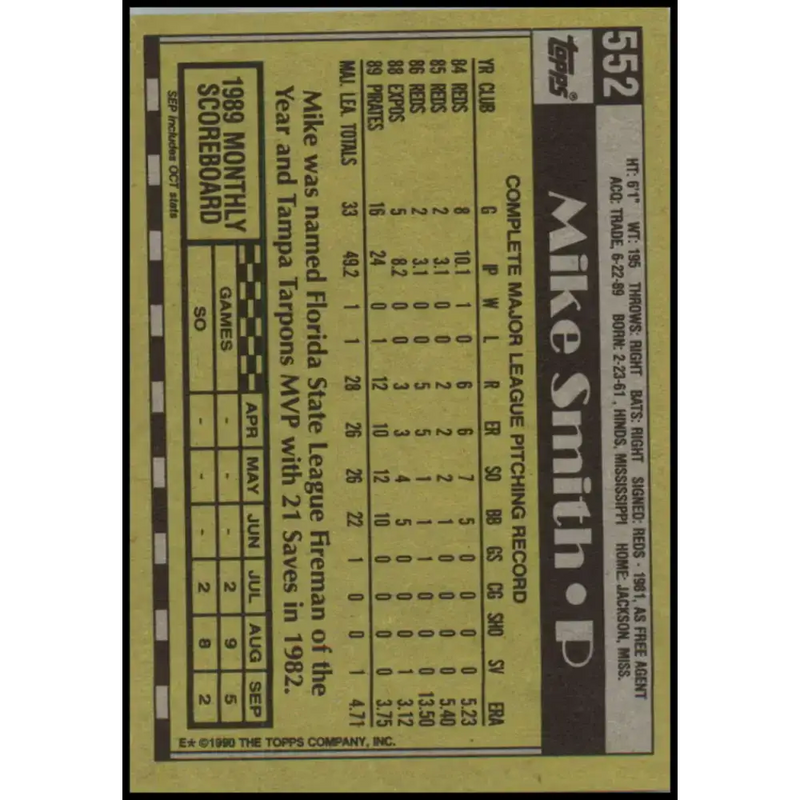 1990 Topps #552 Mike Smith NM-MT RC Rookie Pittsburgh Pirates Baseball Card - Baseball Card Single
