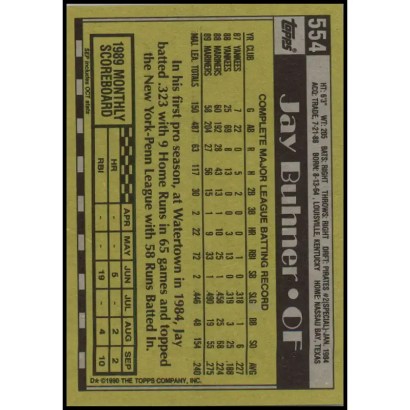 1990 Topps #554 Jay Buhner NM-MT Seattle Mariners Baseball Card - Baseball Card Single