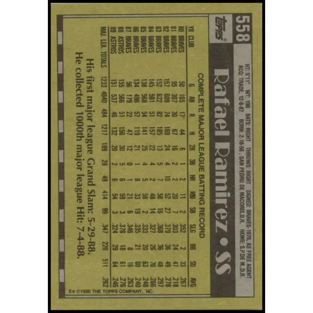 1990 Topps #558 Rafael Ramirez NM-MT Houston Astros Baseball Card - Baseball Card Single