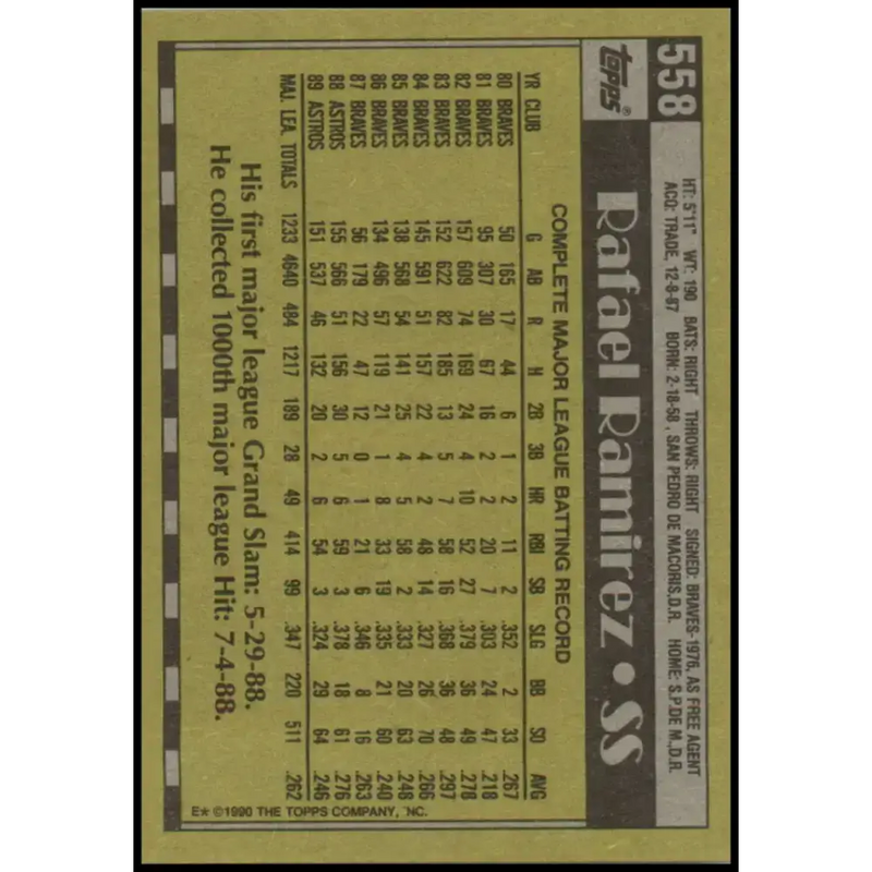 1990 Topps #558 Rafael Ramirez NM-MT Houston Astros Baseball Card - Baseball Card Single
