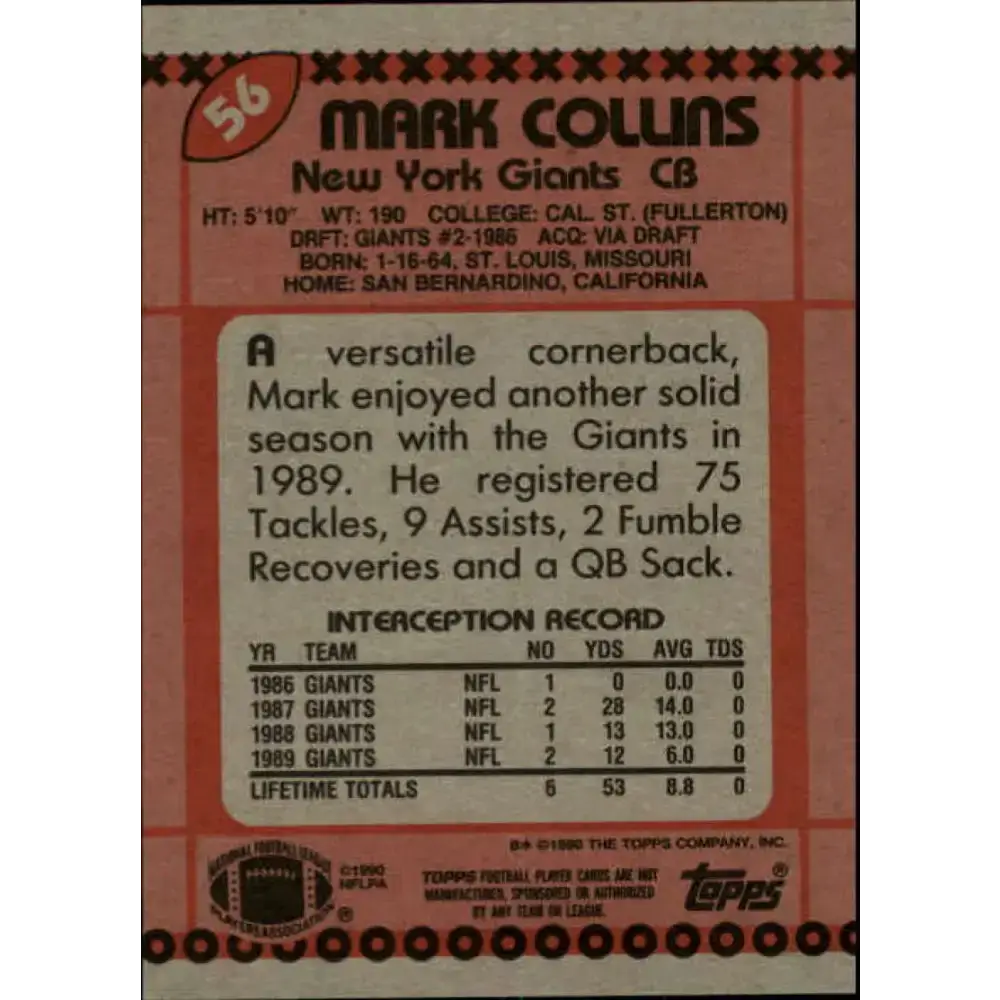 1990 Topps #56 Mark Collins EX Excellent New York Giants Football Card - Football Card Single