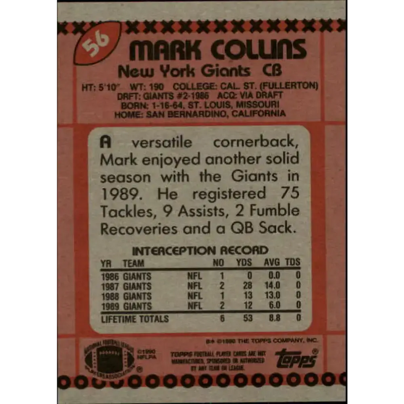 1990 Topps #56 Mark Collins EX Excellent New York Giants Football Card - Football Card Single