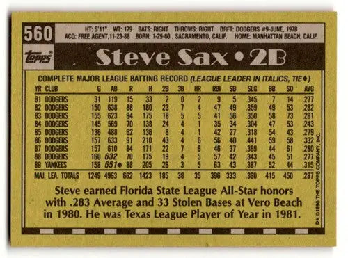 1990 Topps #560 Steve Sax New York Yankees Baseball Cards EX/NM ID:53717 - Baseball Card Single