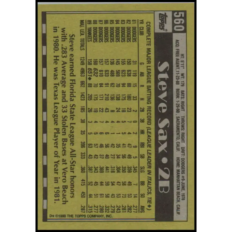 1990 Topps #560 Steve Sax NM-MT New York Yankees Baseball Card - Baseball Card Single