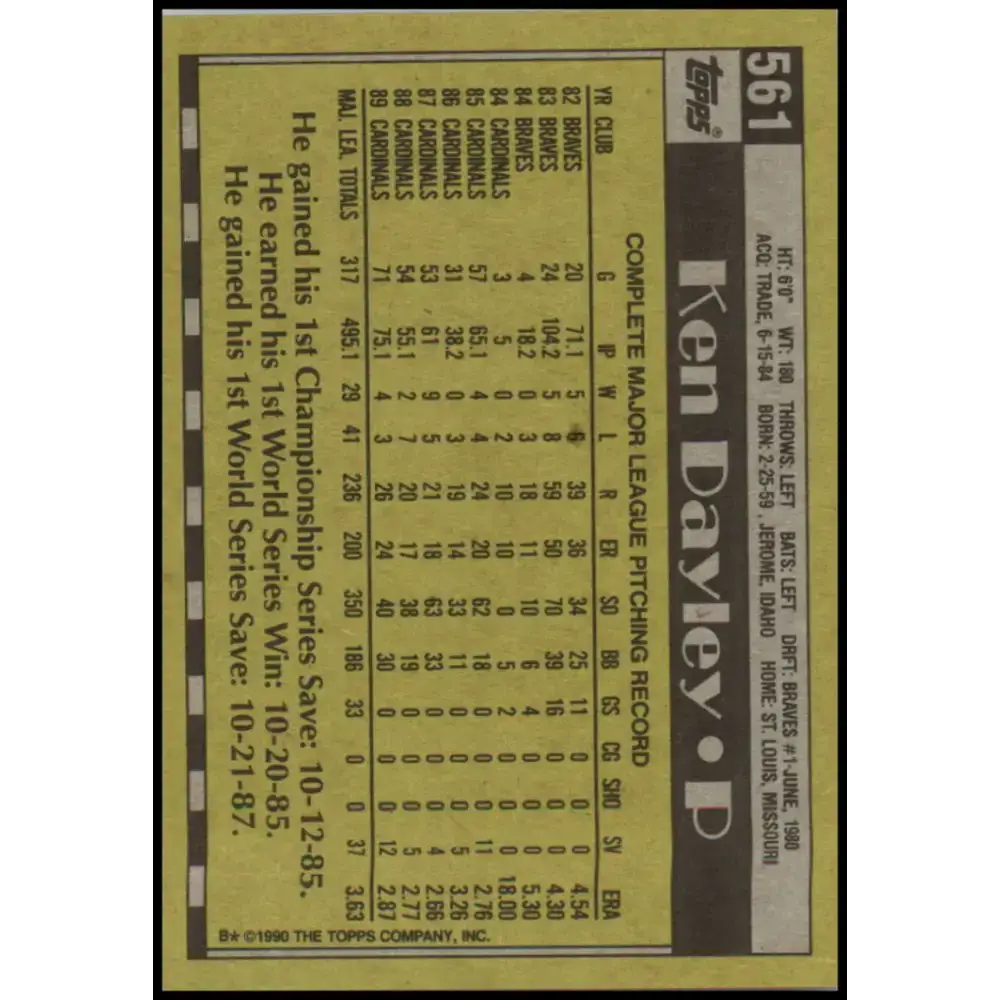 1990 Topps #561 Ken Dayley NM-MT St. Louis Cardinals Baseball Card - Baseball Card Single
