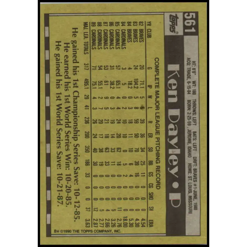 1990 Topps #561 Ken Dayley NM-MT St. Louis Cardinals Baseball Card - Baseball Card Single
