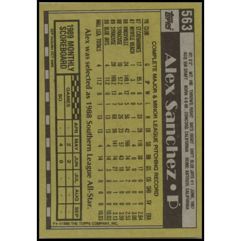 1990 Topps #563 Alex Sanchez NM-MT Toronto Blue Jays Baseball Card - Baseball Card Single