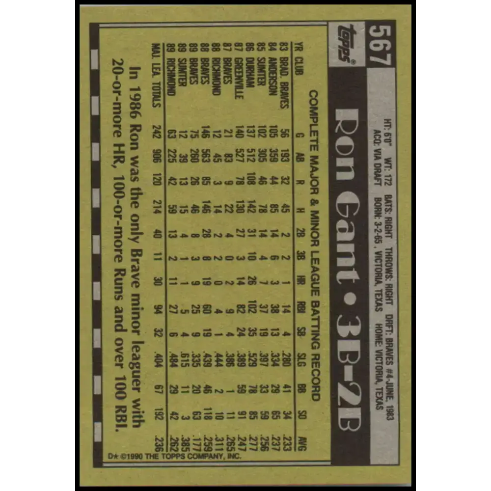1990 Topps #567 Ron Gant NM-MT Atlanta Braves Baseball Card - Baseball Card Single