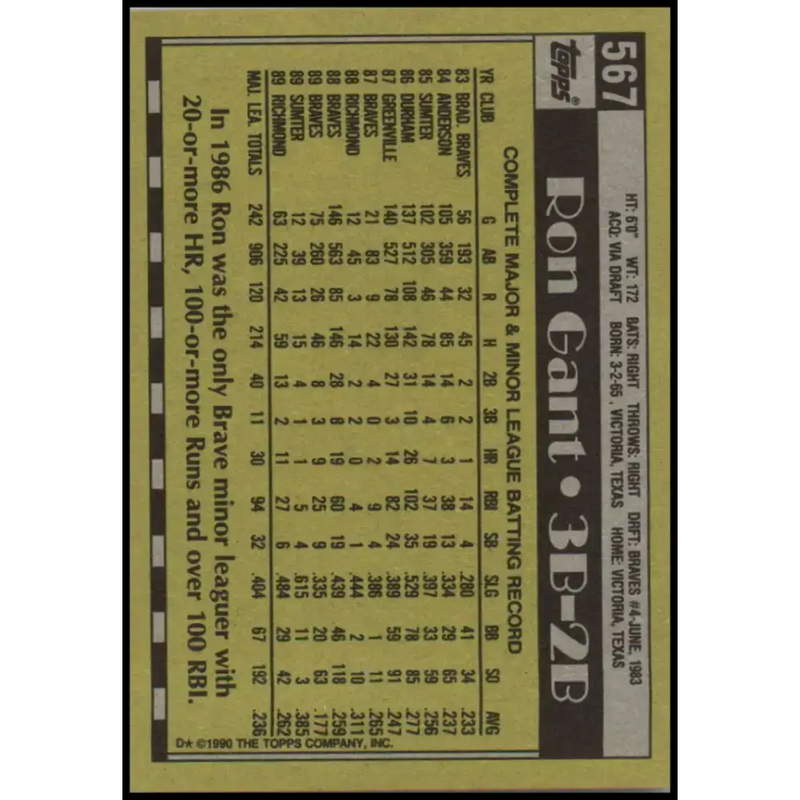 1990 Topps #567 Ron Gant NM-MT Atlanta Braves Baseball Card - Baseball Card Single