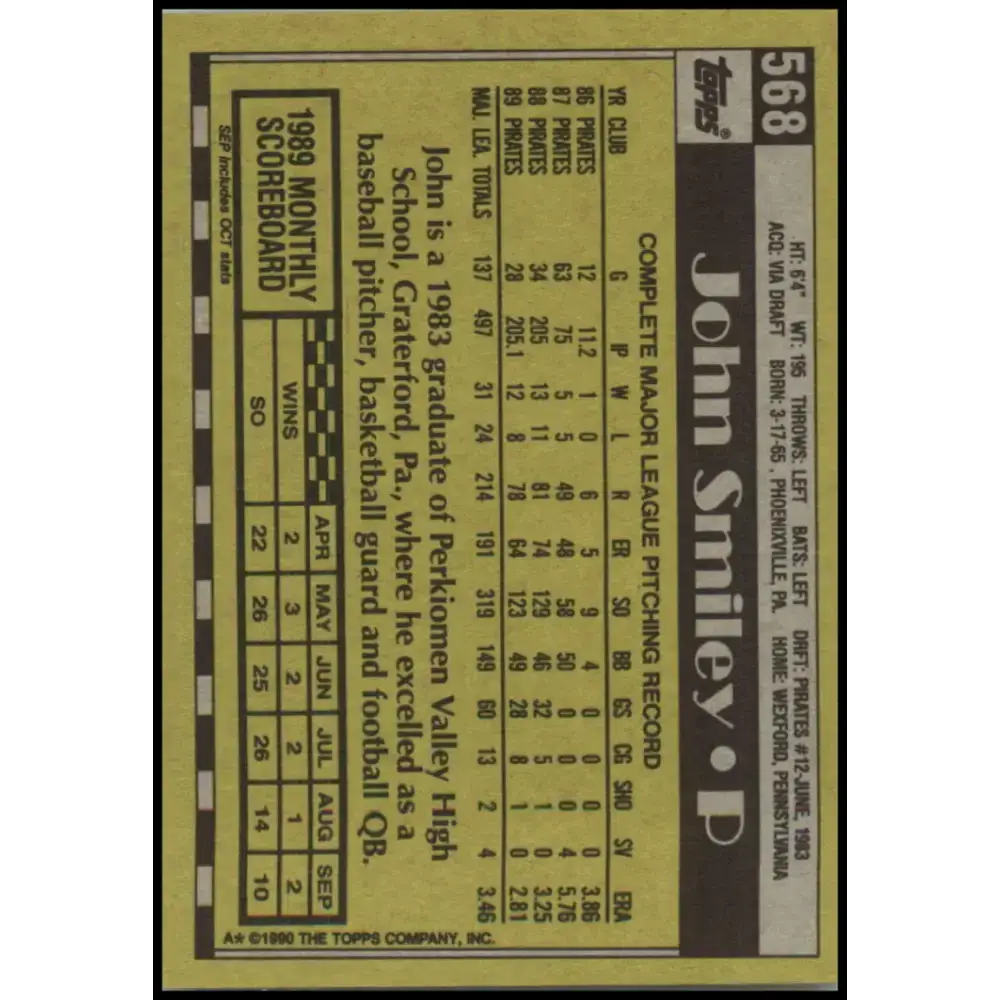 1990 Topps #568 John Smiley NM-MT Pittsburgh Pirates Baseball Card - Baseball Card Single