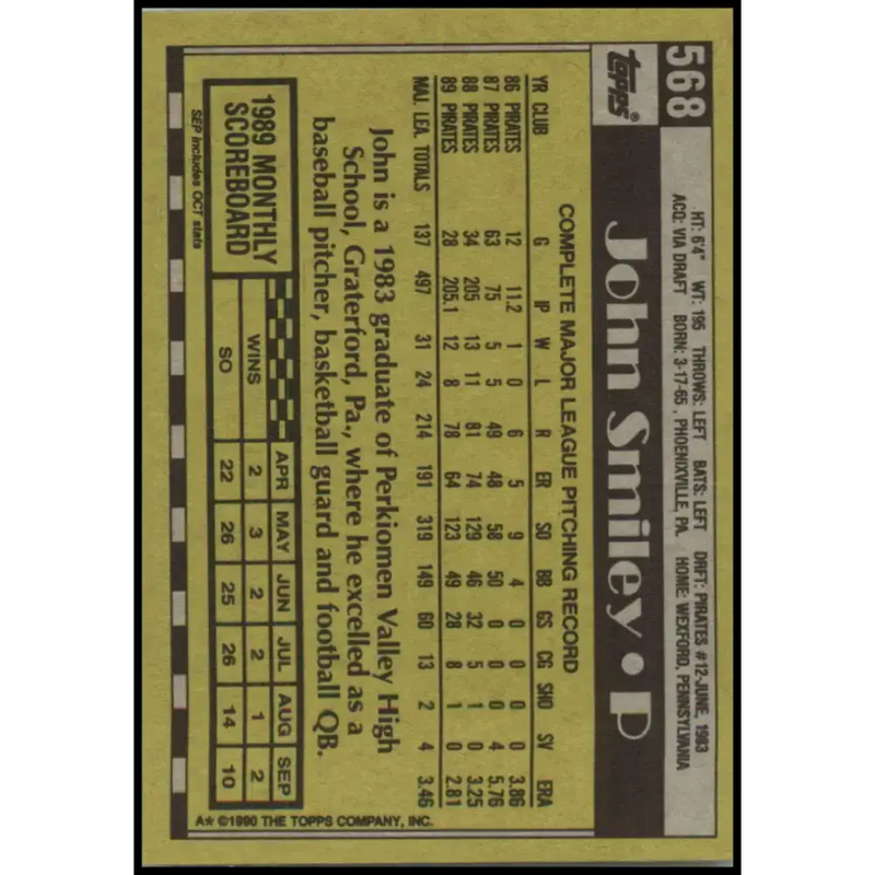 1990 Topps #568 John Smiley NM-MT Pittsburgh Pirates Baseball Card - Baseball Card Single