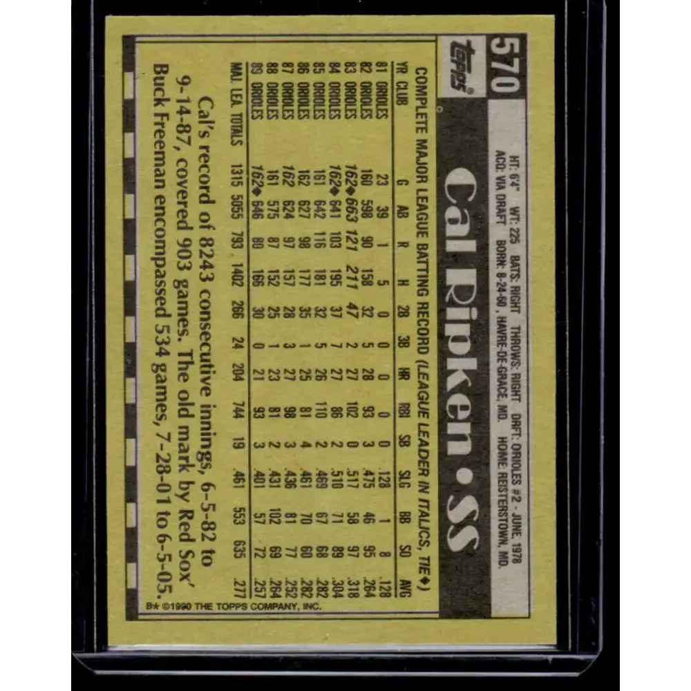 1990 Topps #570 Cal Ripken Baltimore Orioles NM-MT Baseball Card - Baseball Card Single