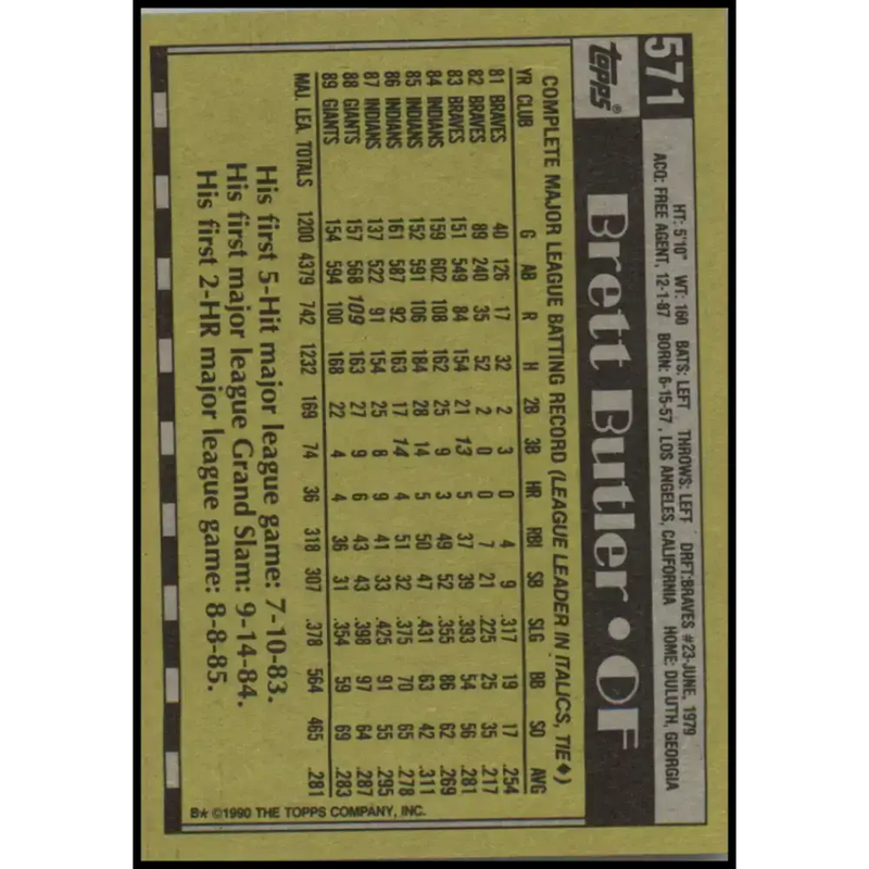 1990 Topps #571 Brett Butler NM-MT San Francisco Giants Baseball Card - Baseball Card Single