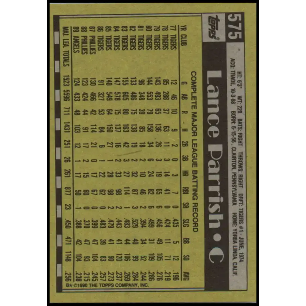 1990 Topps #575 Lance Parrish NM-MT California Angels Baseball Card - Baseball Card Single