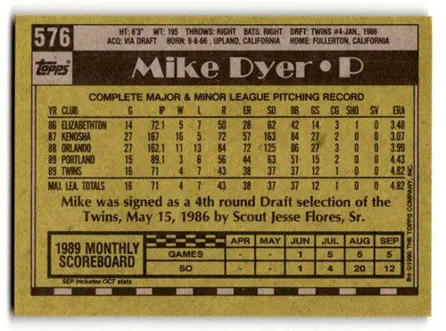 1990 Topps #576 Mike Dyer Minnesota Twins Baseball Cards EX/NM ID:53745 - Baseball Card Single