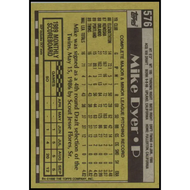 1990 Topps #576 Mike Dyer NM-MT RC Rookie Minnesota Twins Baseball Card - Baseball Card Single