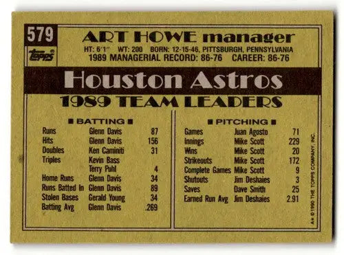 1990 Topps #579 Art Howe Houston Astros Baseball Cards EX/NM ID:55023 - Baseball Card Single