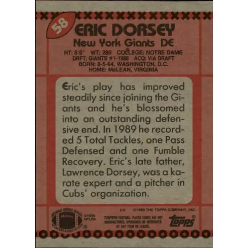 1990 Topps #58 Eric Dorsey EX Excellent RC Rookie New York Giants Football Card