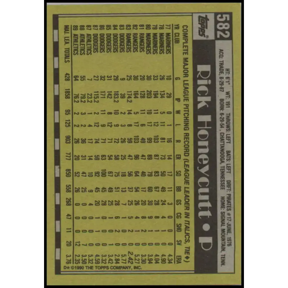 1990 Topps #582 Rick Honeycutt NM-MT Oakland Athletics Baseball Card - Baseball Card Single