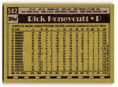Back of 1990 Topps Rick Honeycutt Oakland Athletics baseball card with original gloss
