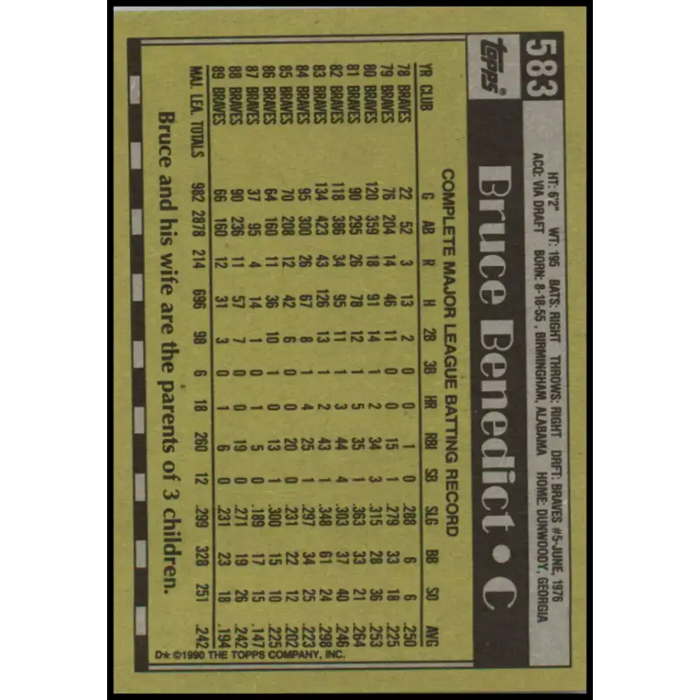 1990 Topps #583 Bruce Benedict NM-MT Atlanta Braves Baseball Card - Baseball Card Single