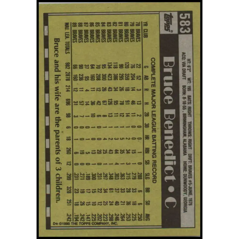 1990 Topps #583 Bruce Benedict NM-MT Atlanta Braves Baseball Card - Baseball Card Single